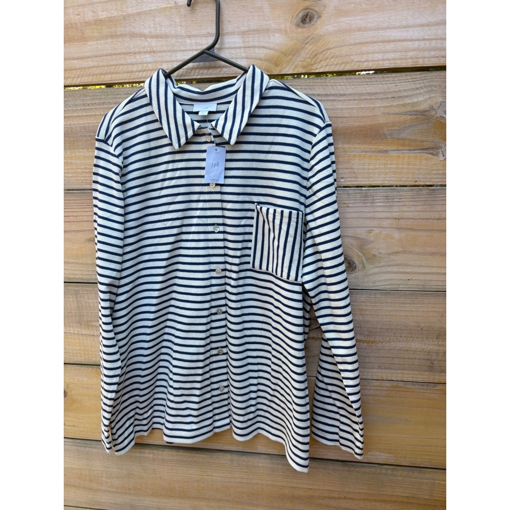 J. Jill Striped Waffle Knit Button Down Shirt XL Cream Blue Ink 335281